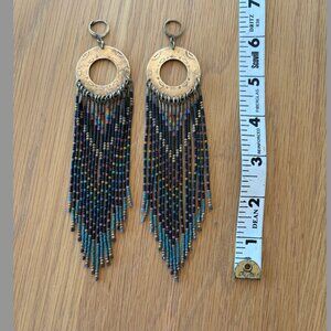 Dancing Willow Bead and Brass Earrings Black and Rainbow